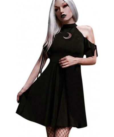 Women's Dress Gothic Punk Black Moon Hollow Out Vintage Short Sleeve Cold Shoulder Dresses - Black - CQ18WSZ7M4U $26.41 Robes