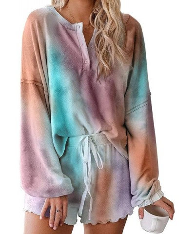 Womens Tie Dye Printed Ruffle Short Pajamas Set Off Shoulder Tops and Shorts PJ Set Loungewear Nightwear Sleepwear - B-multi2...