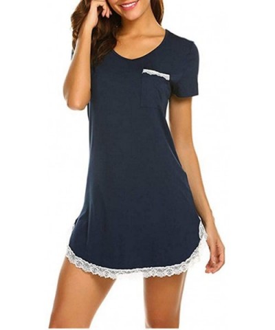 Women Fashion Sleepwear V-Neck Short Sleeve Lace Solid Casual Sexy Summer Dress - Navy - CB1900XA44M $50.93 Tops
