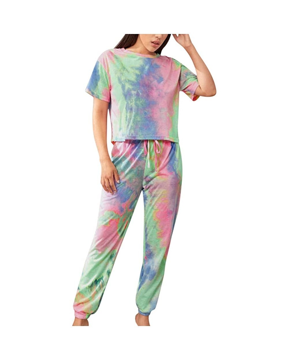 Tie Dye Lounge Sets for Women Womens Short Sleeve Tie Dye Long Pajamas Set Loose Sleepwear Sweatsuit Night Shirts Green - CG1...