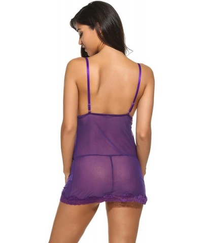 Women's Lingerie Lace Babydoll Sleepwear Mesh Splicing Chemises - Style 7-purple - CL185L4SAH6 $15.69 Baby Dolls & Chemises