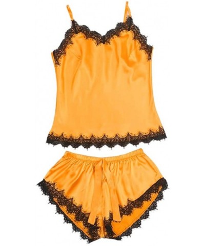 Women Sleepwear Sleeveless Strap Nightwear Lace Trim Satin Cami Top Pajama Sets - Orange - C418UNYYQSI $17.13 Accessories