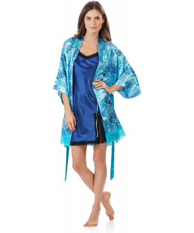 Women's 2 Piece Satin Robe and Nightie Set - Aztec Palm/Royal Blue - CP12L9IRI4J $62.42 Robes