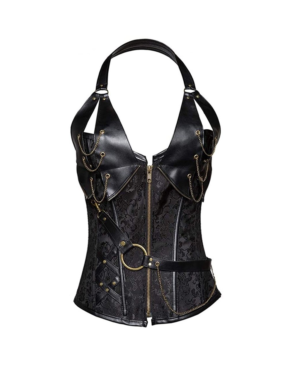 Women V-Neck Halter Steampunk Overbust Corset 14 Steel Boned Gothic Leather Bustier - Black - C11979R0Q00 $50.94 Bustiers & C...