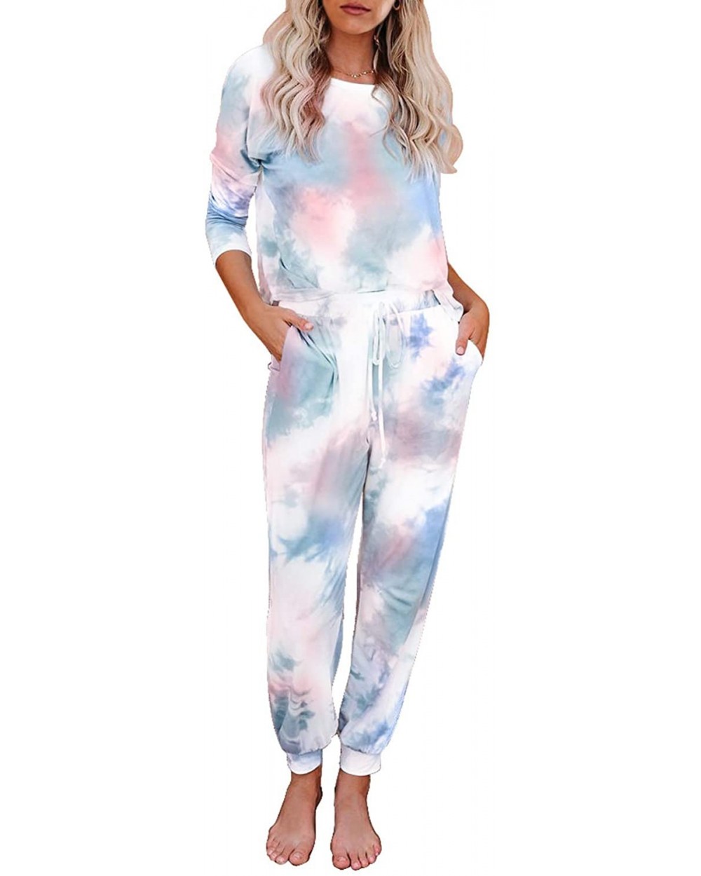 Women Tie Dye Printed Pajamas Set Crewneck Long Sleeve Tee and Jogger Pants PJ Set Loungewear Nightwear Sleepwear - B Multico...