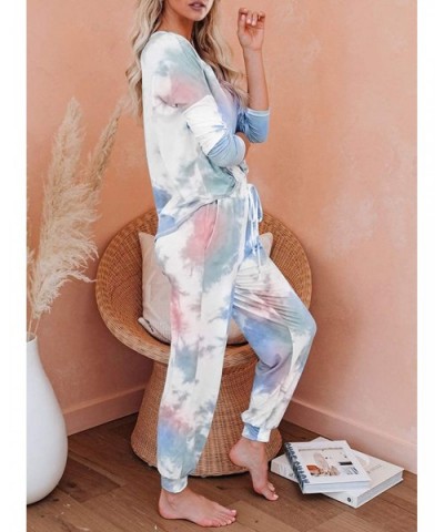 Women Tie Dye Printed Pajamas Set Crewneck Long Sleeve Tee and Jogger Pants PJ Set Loungewear Nightwear Sleepwear - B Multico...