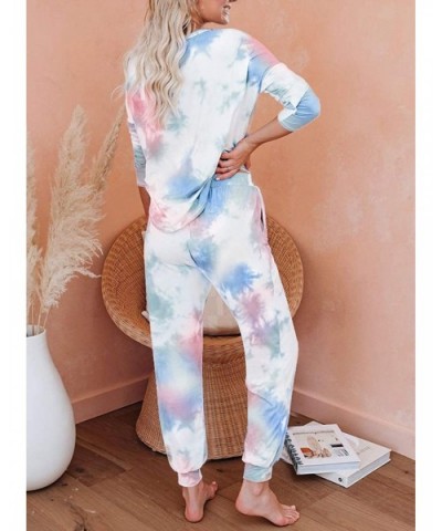 Women Tie Dye Printed Pajamas Set Crewneck Long Sleeve Tee and Jogger Pants PJ Set Loungewear Nightwear Sleepwear - B Multico...