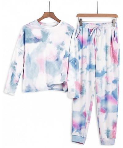 Women Tie Dye Printed Pajamas Set Crewneck Long Sleeve Tee and Jogger Pants PJ Set Loungewear Nightwear Sleepwear - B Multico...