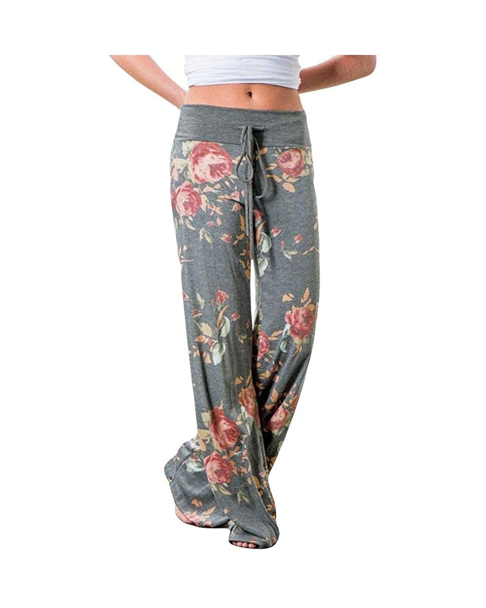 Women's Comfy Casual Stretch Pants Floral Print Drawstring Palazzo Lounge Pants Wide Leg - Agray - CY19CLLAKSN $67.86 Bottoms