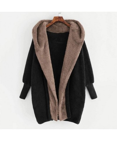 Women's Fluffy Coat Solid Color Plush Hooded Outwear Button Buckle Long Overcoat - A-coffee - CV192336ZYK $44.31 Thermal Unde...