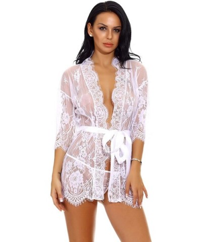 Sexy Women Lace Kimono Robe Sheer Mesh Nightgown Babydoll Lingerie Sleepwear Robe Set - White - CS18UOIZ244 $15.35 Nightgowns...