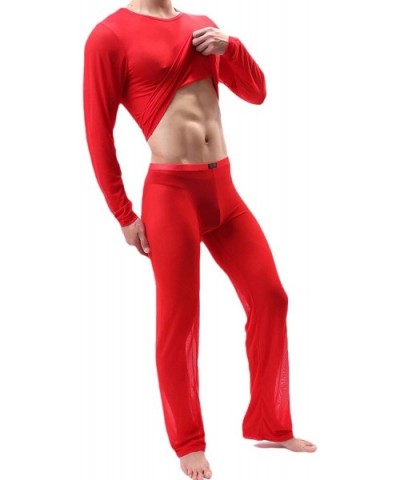 Mens See Through Shirt with Pants Pajama Set Mesh Nightwear Loungewear - Red - CE18A3X0SY4 $48.43 Sleep Sets