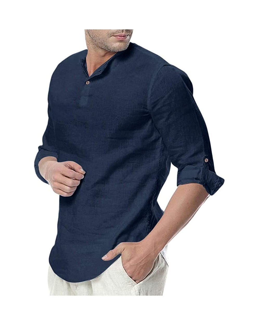 Show Mens Collarless Linen Beach Shirts 3/4 Sleeve Henley Quarter Button Yoga Shirt - Navy - CA194Z44K22 $42.13 Sleep Tops