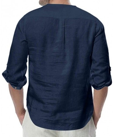 Show Mens Collarless Linen Beach Shirts 3/4 Sleeve Henley Quarter Button Yoga Shirt - Navy - CA194Z44K22 $42.13 Sleep Tops