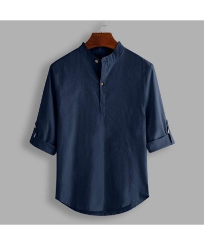 Show Mens Collarless Linen Beach Shirts 3/4 Sleeve Henley Quarter Button Yoga Shirt - Navy - CA194Z44K22 $42.13 Sleep Tops