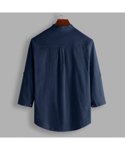 Show Mens Collarless Linen Beach Shirts 3/4 Sleeve Henley Quarter Button Yoga Shirt - Navy - CA194Z44K22 $42.13 Sleep Tops