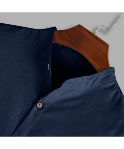 Show Mens Collarless Linen Beach Shirts 3/4 Sleeve Henley Quarter Button Yoga Shirt - Navy - CA194Z44K22 $42.13 Sleep Tops