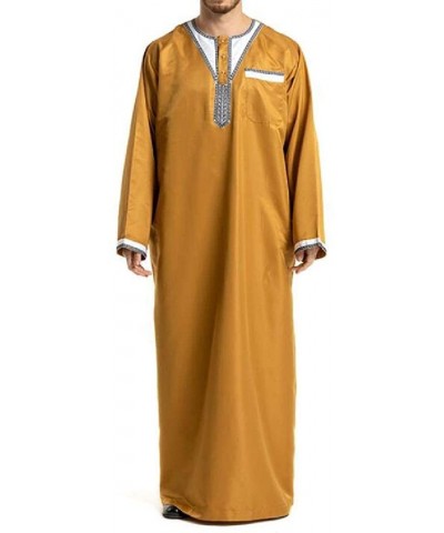 Men Muslim Stitch O Neck Abaya Dubai Kaftan Long Sleeve Ramadan Robes - Yellow - CJ19DYKA3R0 $67.66 Robes