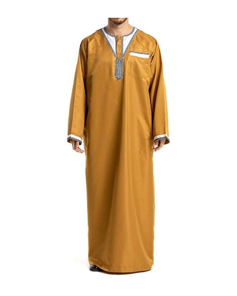 Men Muslim Stitch O Neck Abaya Dubai Kaftan Long Sleeve Ramadan Robes - Yellow - CJ19DYKA3R0 $67.66 Robes