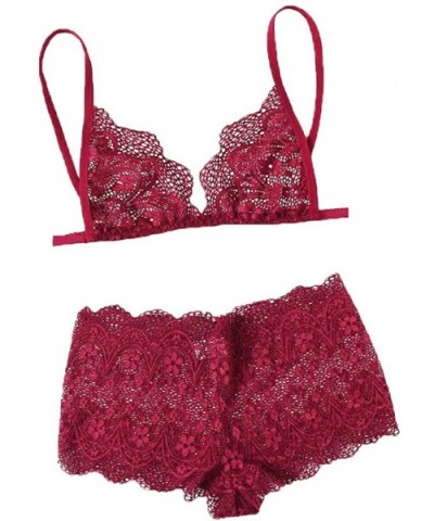 Womens Wine Red Lace Sleepwear Set Fashion V-Neck Bra Briefs Lingerie Underwear Suit - Red - C61987ZXZ9Y $17.38 Accessories