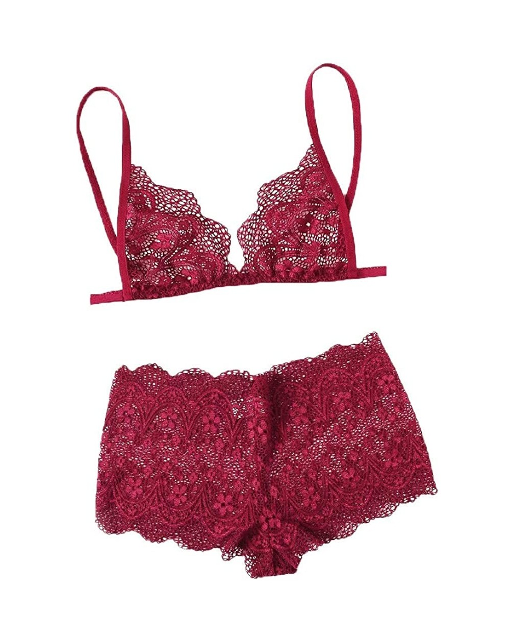 Womens Wine Red Lace Sleepwear Set Fashion V-Neck Bra Briefs Lingerie Underwear Suit - Red - C61987ZXZ9Y $17.38 Accessories