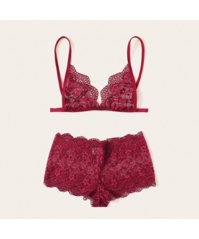 Womens Wine Red Lace Sleepwear Set Fashion V-Neck Bra Briefs Lingerie Underwear Suit - Red - C61987ZXZ9Y $17.38 Accessories