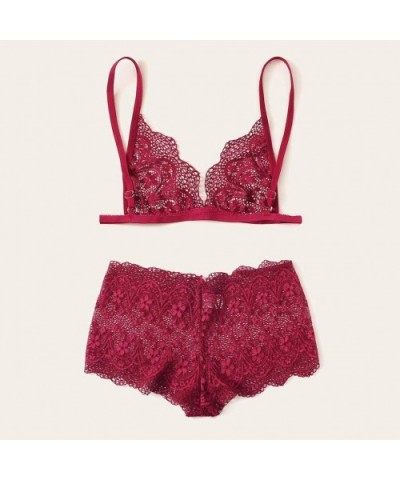 Womens Wine Red Lace Sleepwear Set Fashion V-Neck Bra Briefs Lingerie Underwear Suit - Red - C61987ZXZ9Y $17.38 Accessories