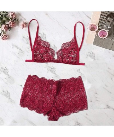 Womens Wine Red Lace Sleepwear Set Fashion V-Neck Bra Briefs Lingerie Underwear Suit - Red - C61987ZXZ9Y $17.38 Accessories