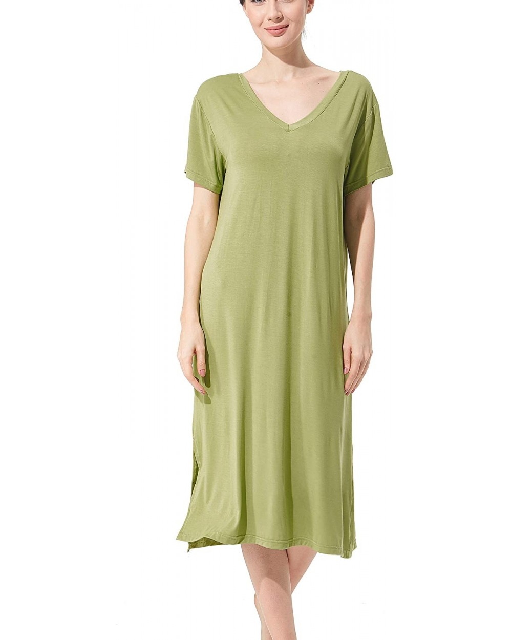 Womens Short Sleeve Nightgown V Neck Sleep Dress Restful Nightwear - Avocado Green - CQ190TI4SWR $28.53 Nightgowns & Sleepshirts