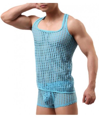 Men Summer Solid Color See Through Fishnet Tank Top + Short Lingerie Sets - Blue - C0198N7OU9A $25.66 G-Strings & Thongs