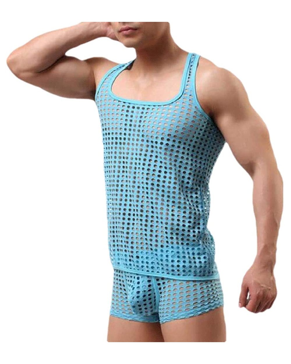 Men Summer Solid Color See Through Fishnet Tank Top + Short Lingerie Sets - Blue - C0198N7OU9A $25.66 G-Strings & Thongs