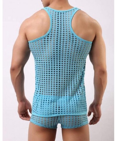 Men Summer Solid Color See Through Fishnet Tank Top + Short Lingerie Sets - Blue - C0198N7OU9A $25.66 G-Strings & Thongs