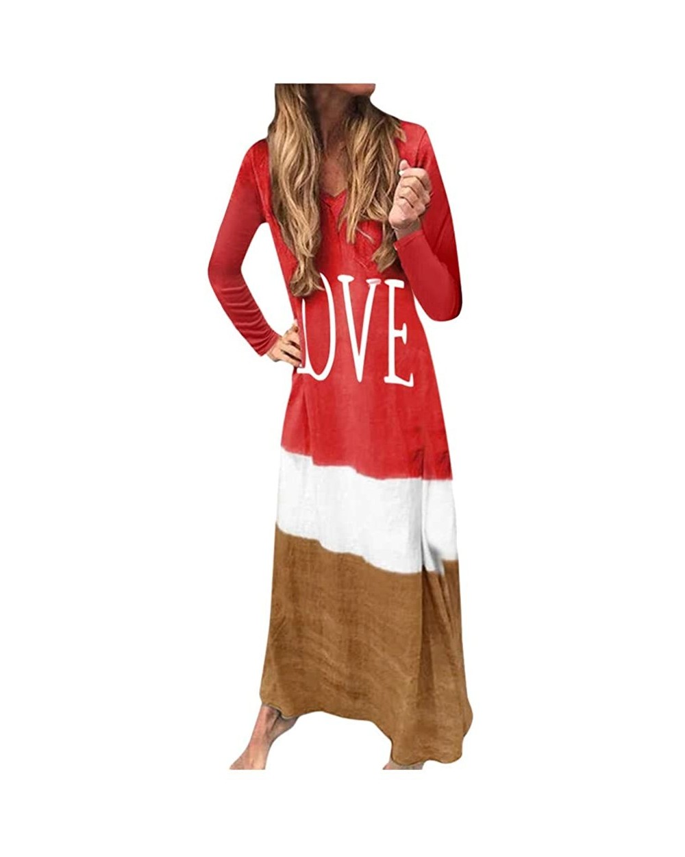 Womens Gradient Color Block Maxi Dress- Patchwork Fall Loose Dress - 0816-red - CD18UZZ37U7 $36.00 Thermal Underwear