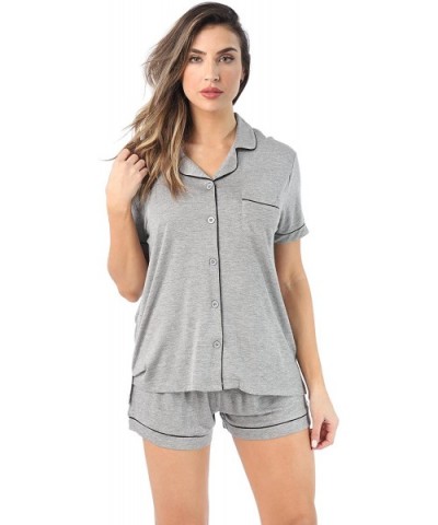 Button Down Pajama Shorts Set with Notch Collar - Grey / Black - C6187WSMRC6 $40.35 Sets