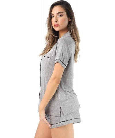 Button Down Pajama Shorts Set with Notch Collar - Grey / Black - C6187WSMRC6 $40.35 Sets