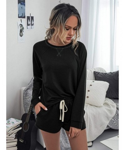 Women's V Neck Long Sleeve Leopard Print Top and Shorts Pajamas Set - Black - C519DSS0DUO $53.24 Sets