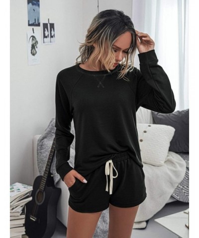 Women's V Neck Long Sleeve Leopard Print Top and Shorts Pajamas Set - Black - C519DSS0DUO $53.24 Sets