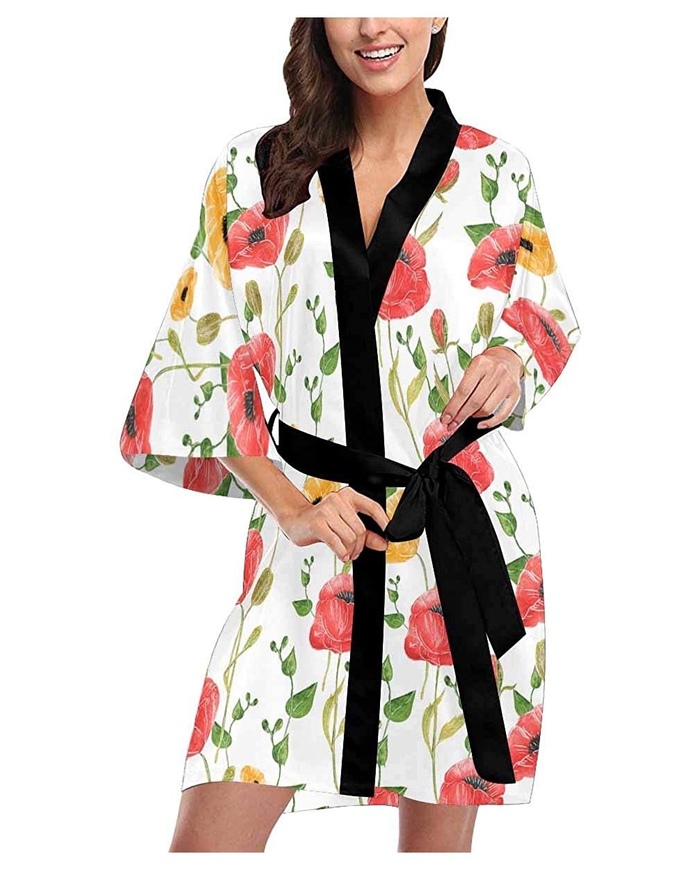 Custom Red Poppy Flower Women Kimono Robes Beach Cover Up for Parties Wedding (XS-2XL) - Multi 5 - CH194A80A9N $77.31 Robes