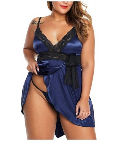 Women's Plus Size Nightdress+Panties Set- Sexy Lace Sleepwear Underwear Lingerie - Navy - CP196H2KGY7 $14.97 Robes