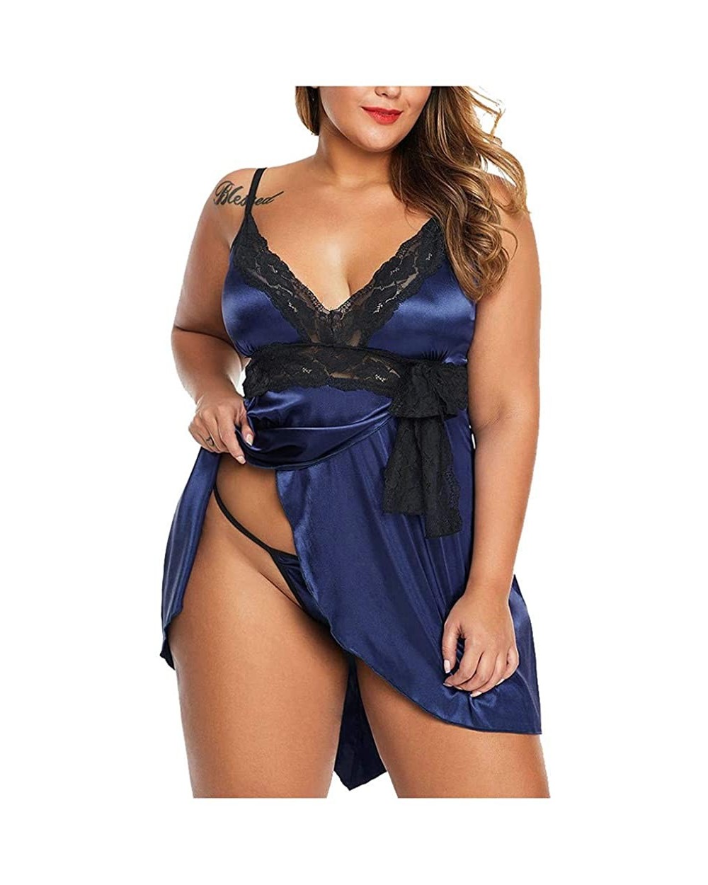 Women's Plus Size Nightdress+Panties Set- Sexy Lace Sleepwear Underwear Lingerie - Navy - CP196H2KGY7 $14.97 Robes