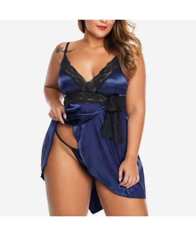 Women's Plus Size Nightdress+Panties Set- Sexy Lace Sleepwear Underwear Lingerie - Navy - CP196H2KGY7 $14.97 Robes