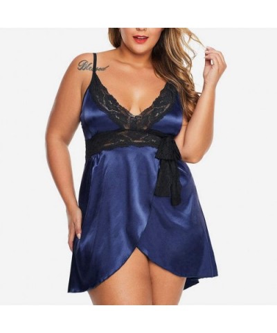 Women's Plus Size Nightdress+Panties Set- Sexy Lace Sleepwear Underwear Lingerie - Navy - CP196H2KGY7 $14.97 Robes