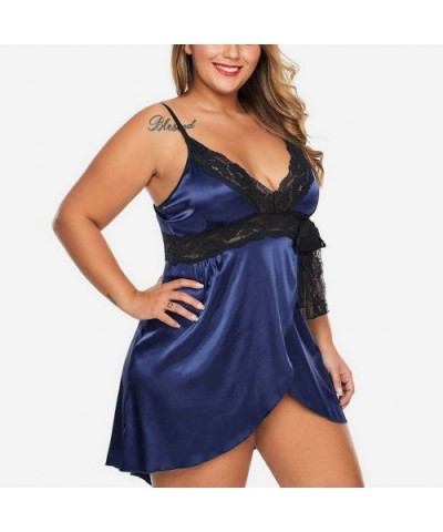 Women's Plus Size Nightdress+Panties Set- Sexy Lace Sleepwear Underwear Lingerie - Navy - CP196H2KGY7 $14.97 Robes