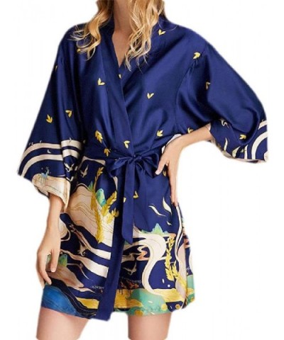 Women's Pajama Homewear Thin Plus Size Flared Sleeve Printed Belt Kimono Floral Sleep Satin Sleep Robe - Navy - C819DHY6NX2 $...