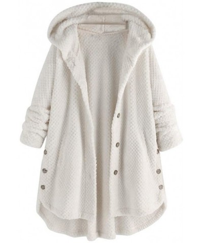 Sherpa Fleece Jacket Hooded Button Hem Fluffy Coat Shearling Warm Outwear White Cardigan Plus Size - White - CG1925EA05K $38....