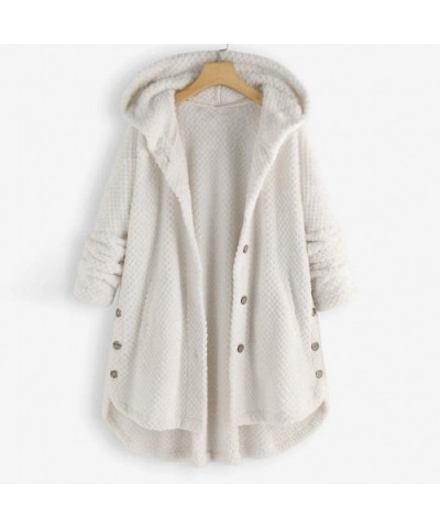 Sherpa Fleece Jacket Hooded Button Hem Fluffy Coat Shearling Warm Outwear White Cardigan Plus Size - White - CG1925EA05K $38....