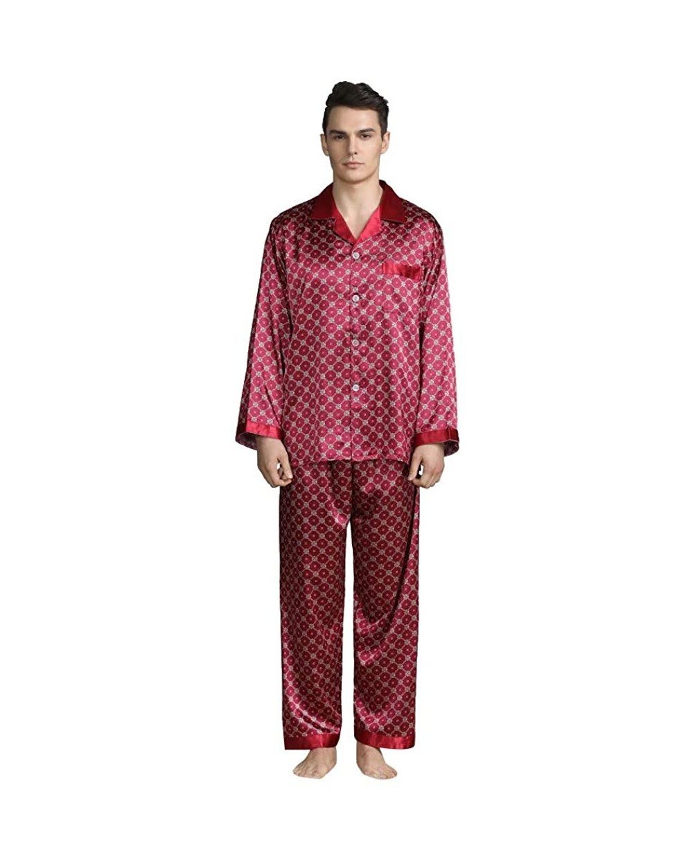 Men's New Long-Sleeved Printed Foreign Trade Home Service Silk Pajamas Suit Casual Top Pants Sets Suit L-3XL - Red Pajamas - ...