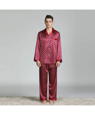 Men's New Long-Sleeved Printed Foreign Trade Home Service Silk Pajamas Suit Casual Top Pants Sets Suit L-3XL - Red Pajamas - ...