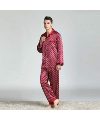 Men's New Long-Sleeved Printed Foreign Trade Home Service Silk Pajamas Suit Casual Top Pants Sets Suit L-3XL - Red Pajamas - ...