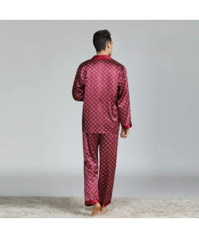 Men's New Long-Sleeved Printed Foreign Trade Home Service Silk Pajamas Suit Casual Top Pants Sets Suit L-3XL - Red Pajamas - ...